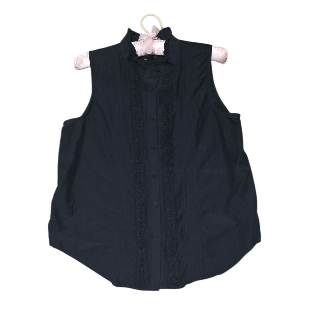 Ann Taylor Sleeveless Black Lace-Trim Ruffle Button-Up Boho Blouse Size Small